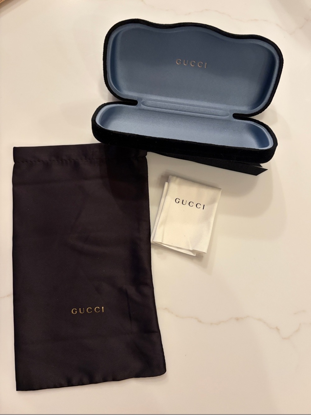 Gucci Black Velvet Eyewear Case with Light Blue Interior, Pouch & Cloth